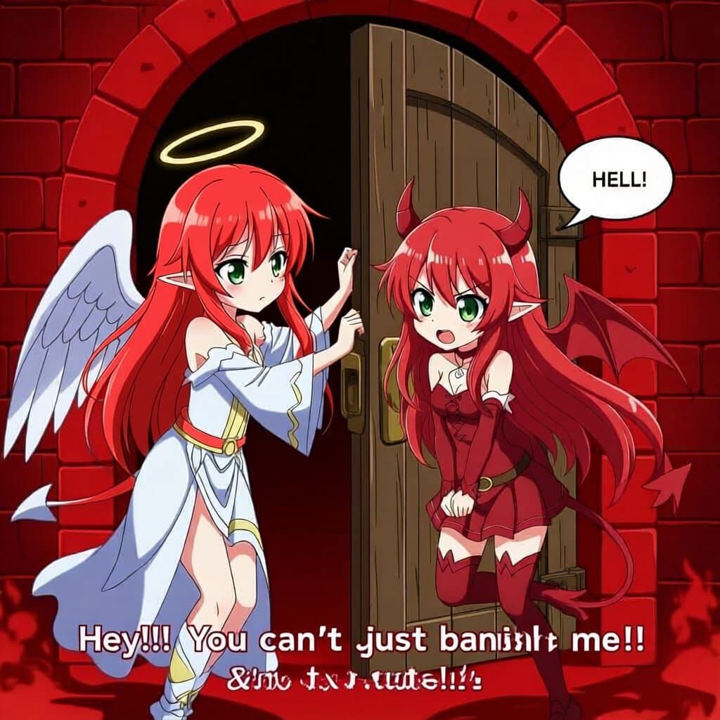 Anime Angel Girl Fights Devil Girl At Hell's Door