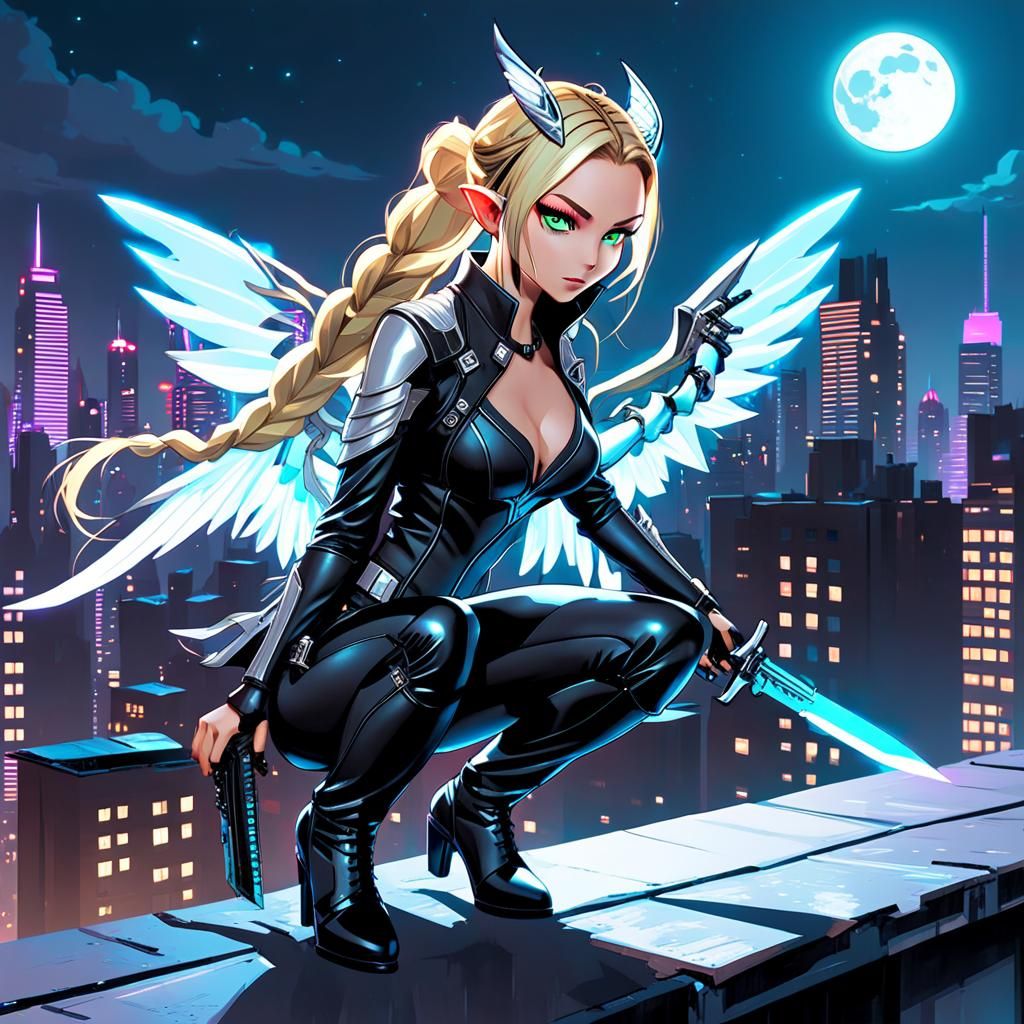 Neon Noir Fairy Assassin Overlooking Cyberpunk City