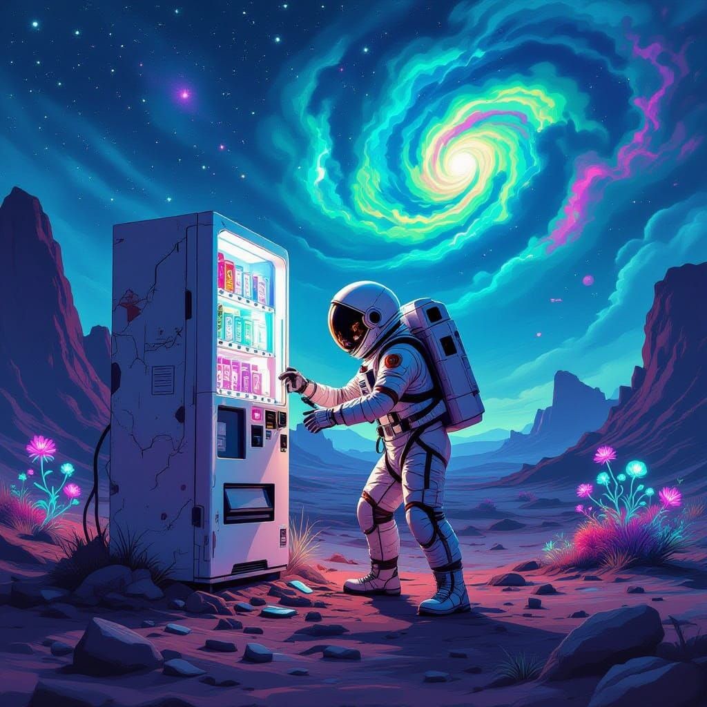 Astronaut Repairs Alien Vending Machine Under Nebula Sky
