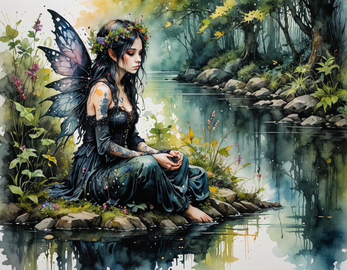 Gothic Fairy by Waterside: Ink Splatter Watercolor