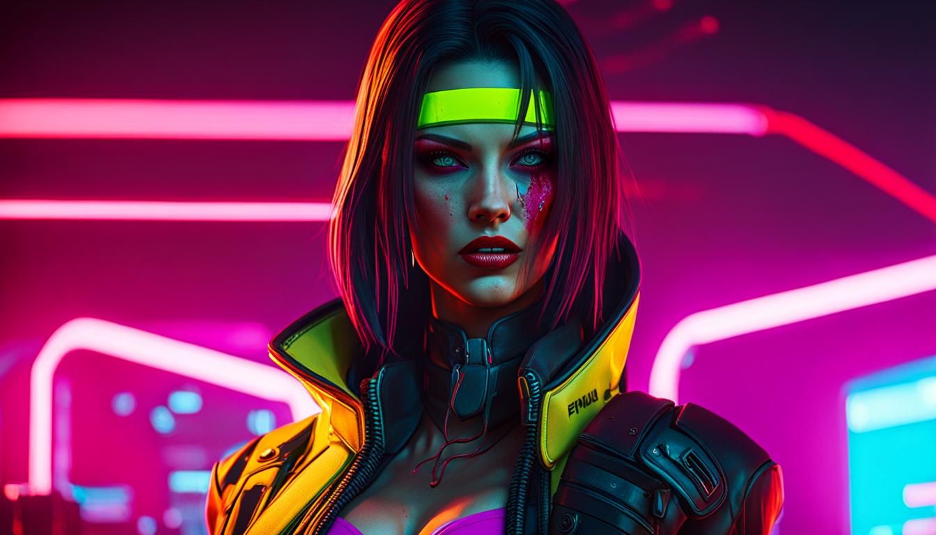 Cyberpunk Neon Woman with Bloody Face