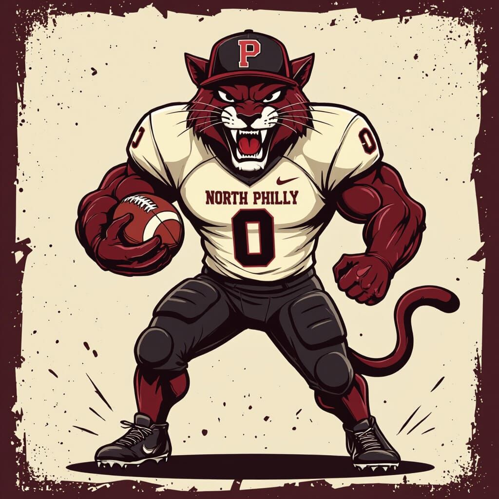 Muscular Maroon Panther Mascot Grips Football in Urban Style