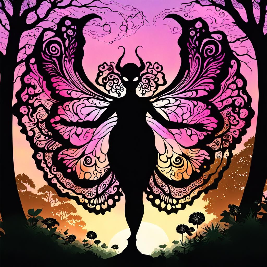 Elven Pixie Silhouette in Fantasy Forest