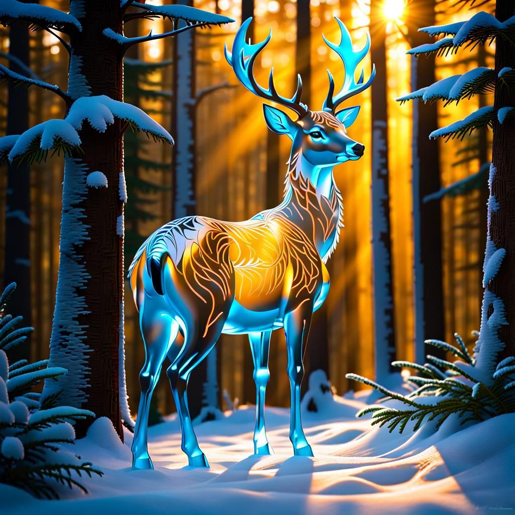 Ice Deer Sculpture in Forest at Sunset
