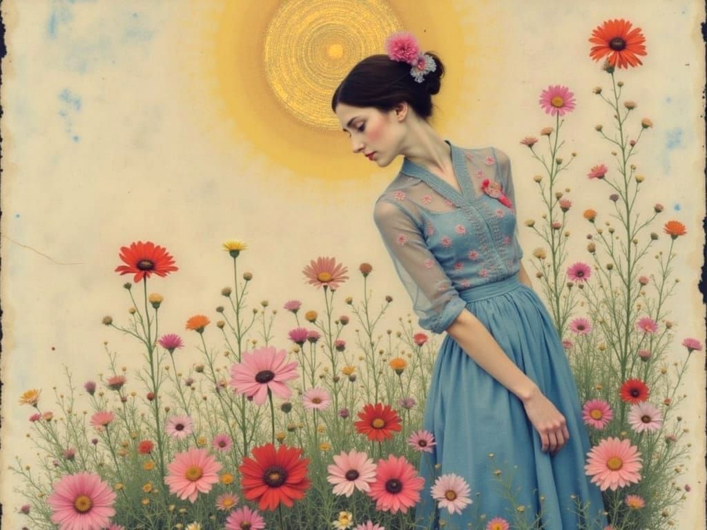 Woman with Floral Background in Klimt Style