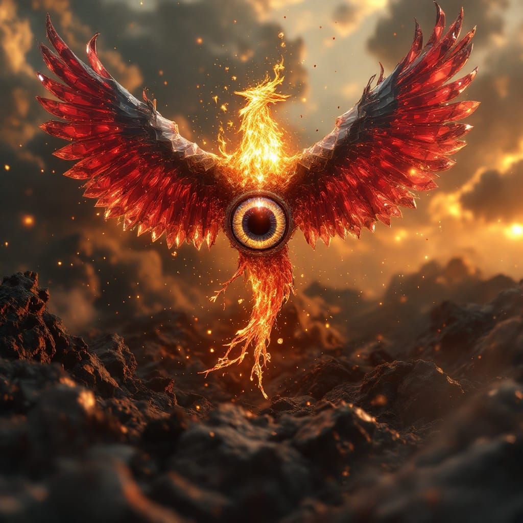 Surreal Phoenix Ascends from the Golden Eye of Ra in Hyperma...