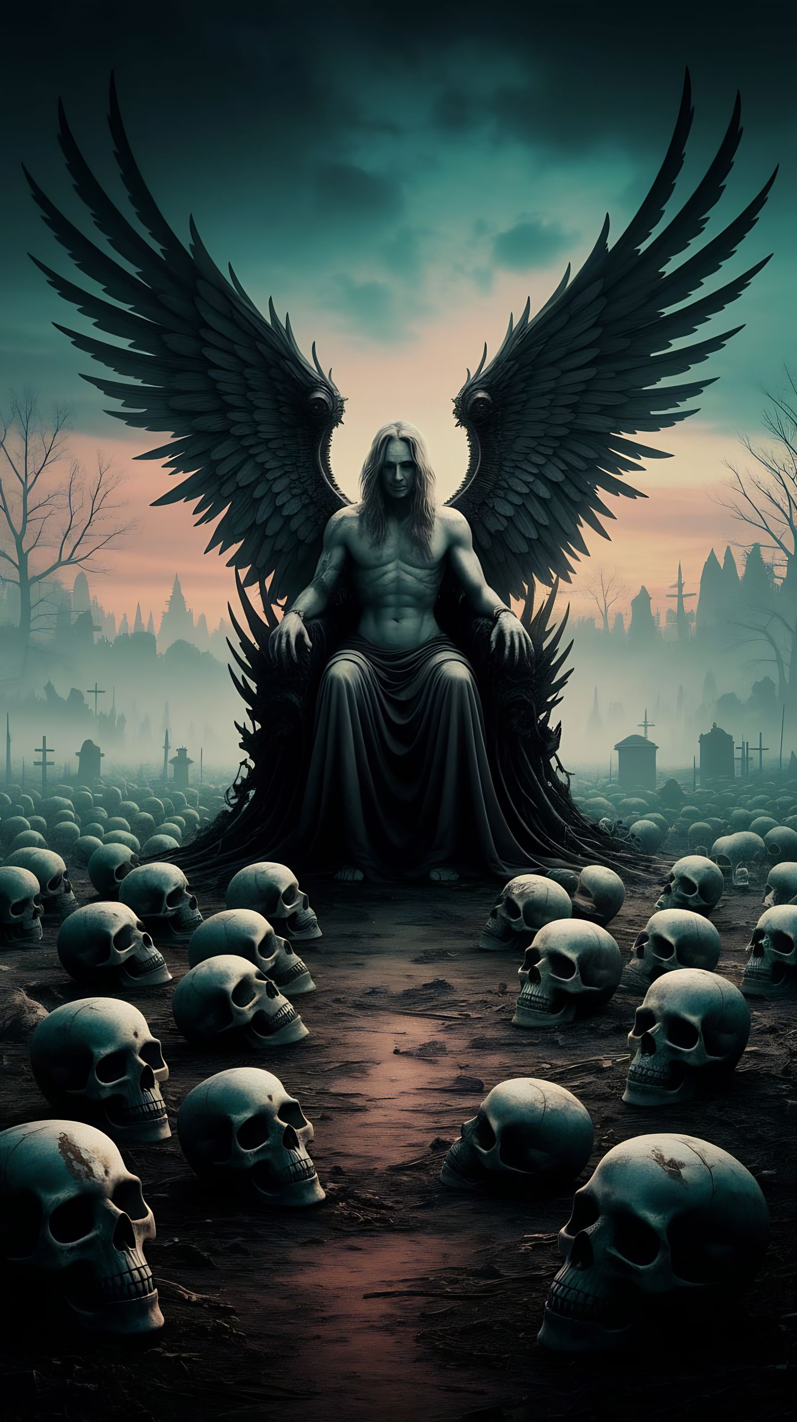 Fallen Angel Seated on Throne of Skulls in a Fog-Shrouded Gr...