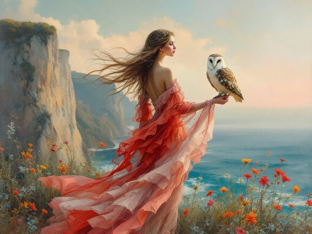 Woman with Owl Overlooking Ocean as Impressionist Painting