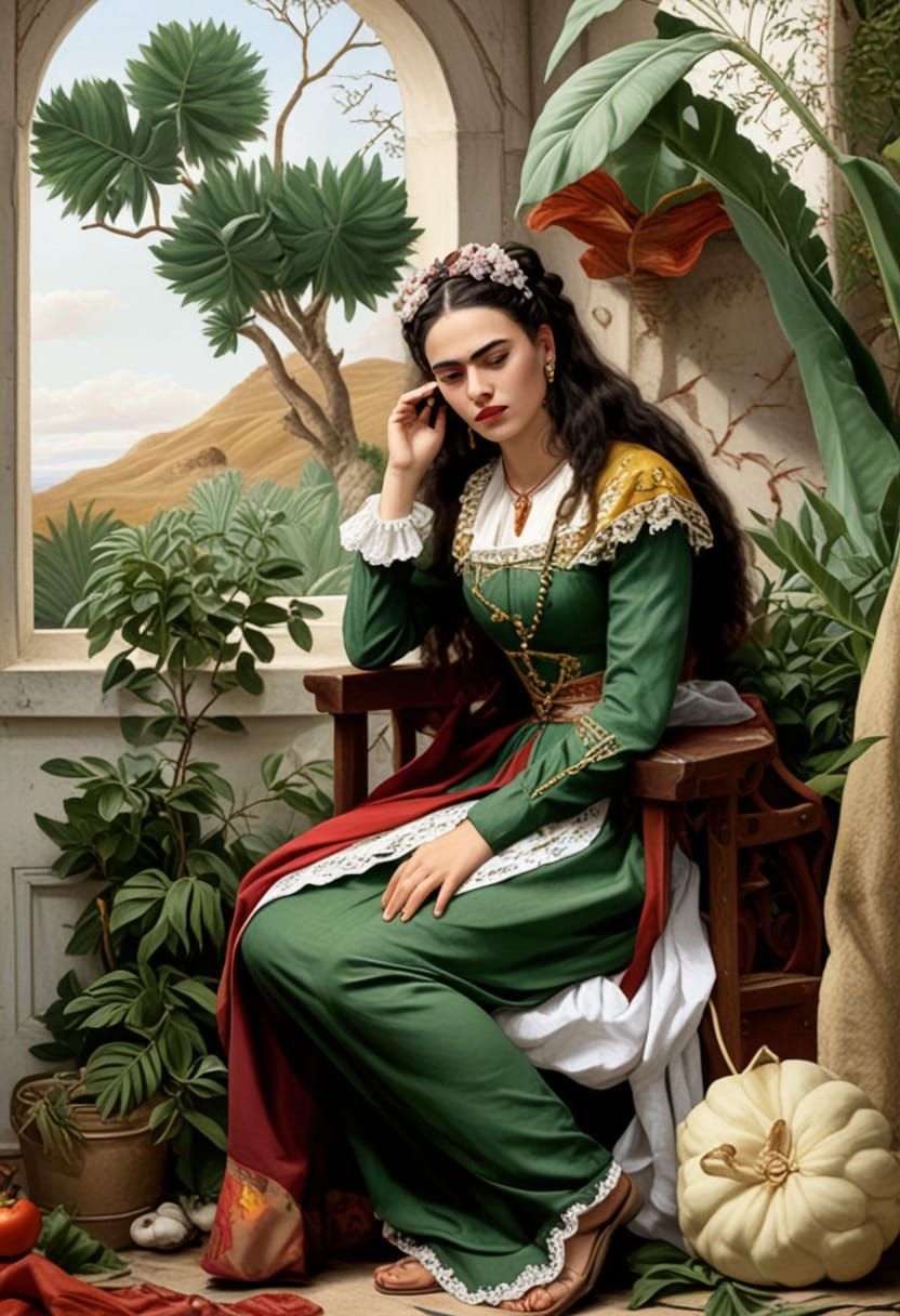 Woman's Melancholy Portrait in Frida Kahlo Style