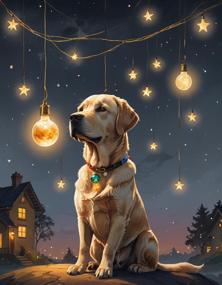 Labrador Gazing at Earth House in Night Sky