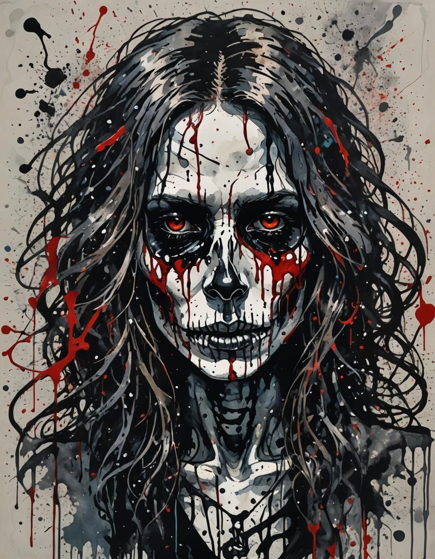Gothic Skull-Faced Rockstar Portrait in Ink Bleeding Effect