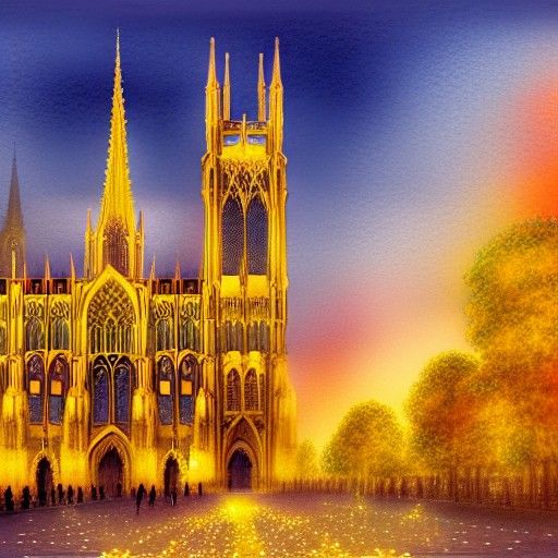 Illuminated Gothic Architecture with Golden Bridges