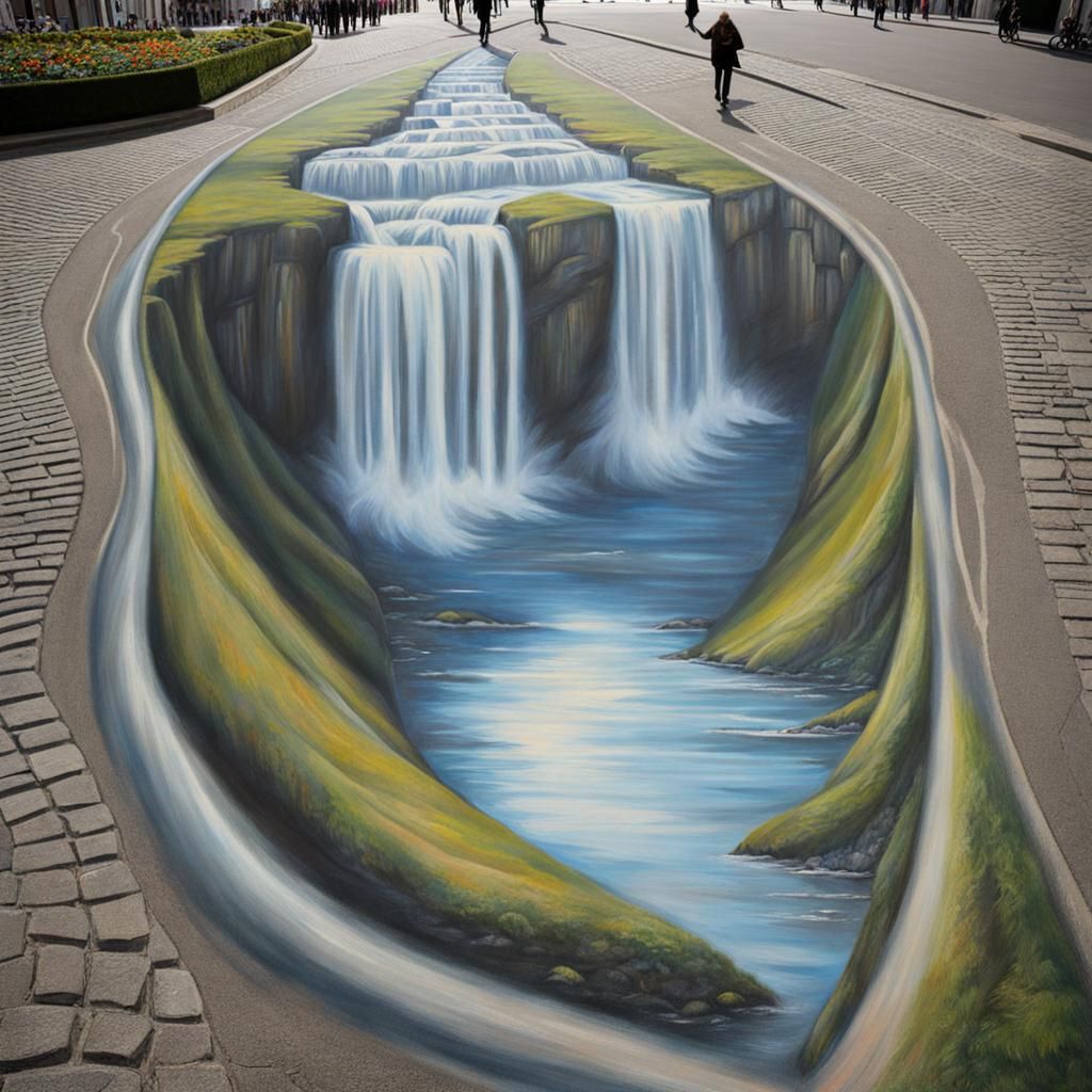Dizzying Trompe L'Oeil Waterfall Chalk Art