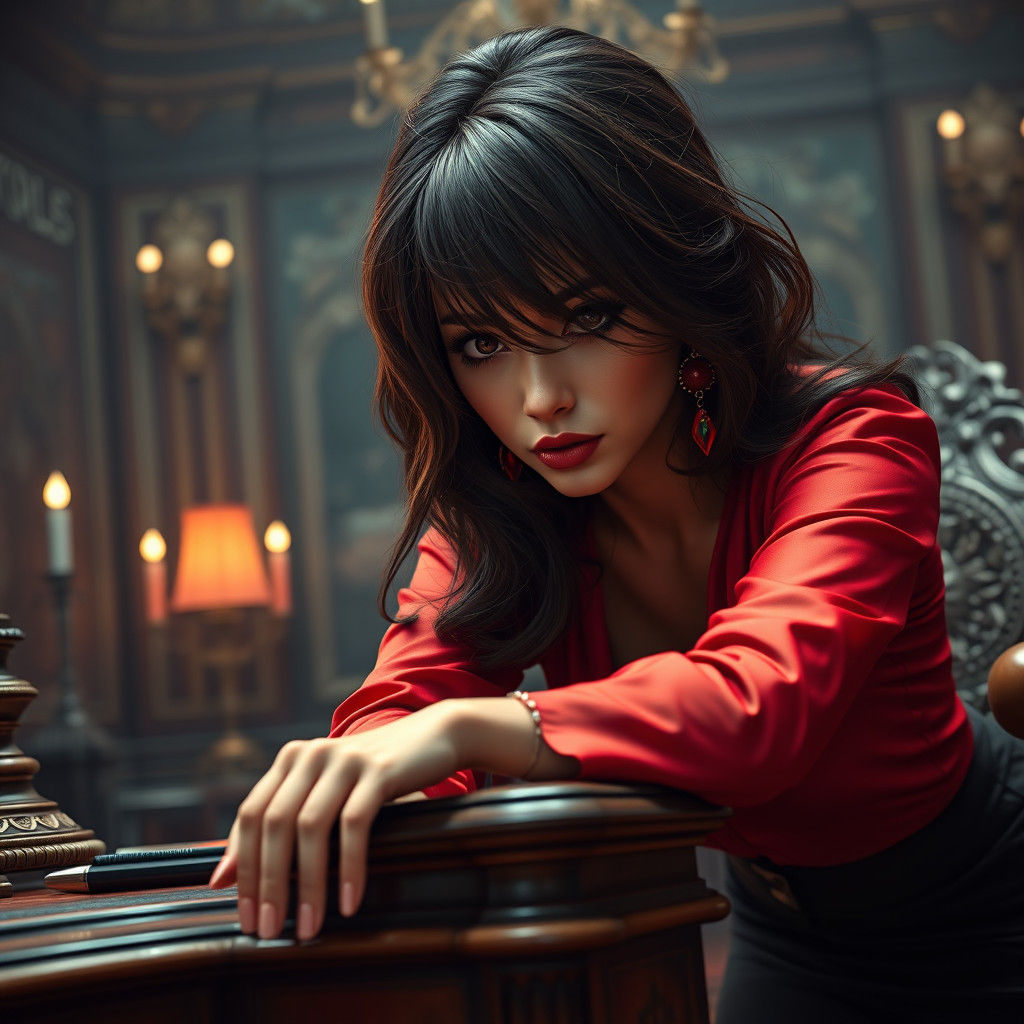 Sultry Brunette with Red Blouse, Hyperrealistic Matte Painti...