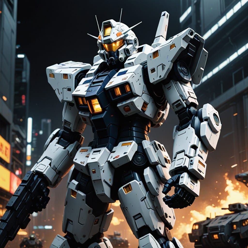 Gundam Mecha Rises from the Shadows in Cyberpunk Futurism