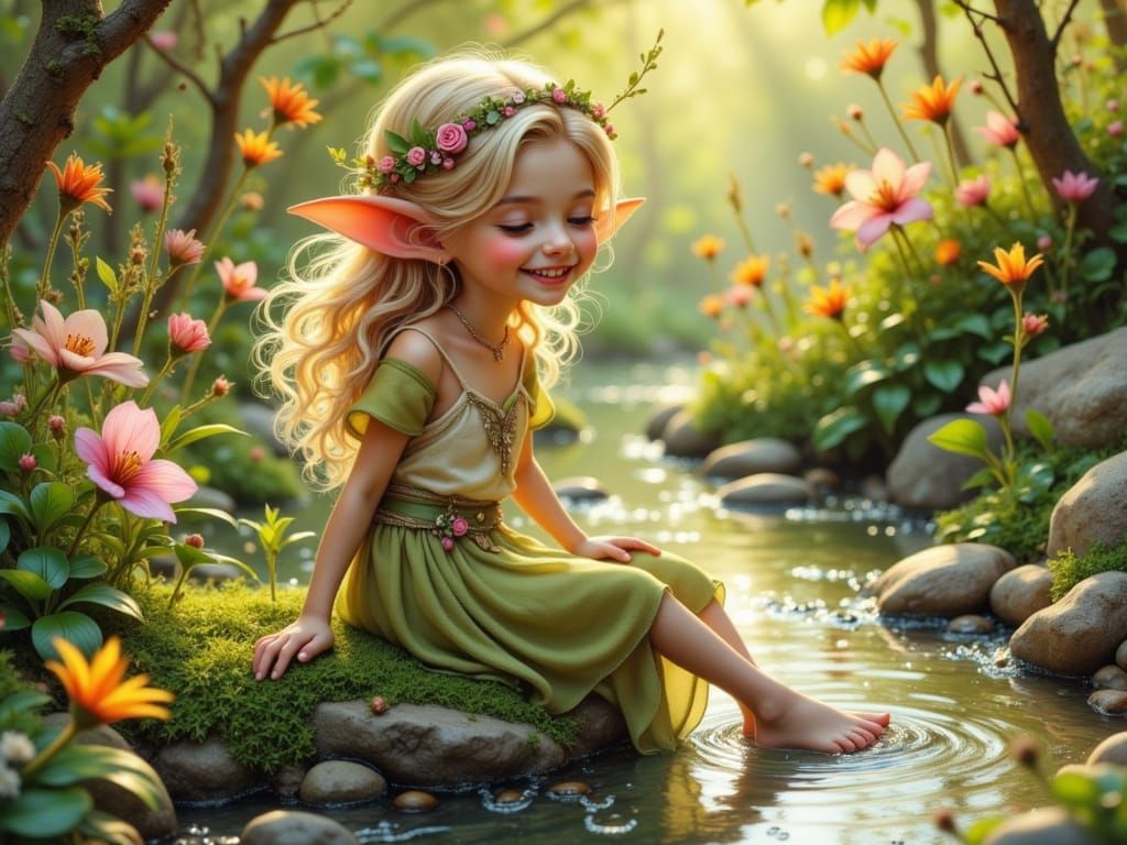 Laughing Elf Girl Splashing in Flower Pond