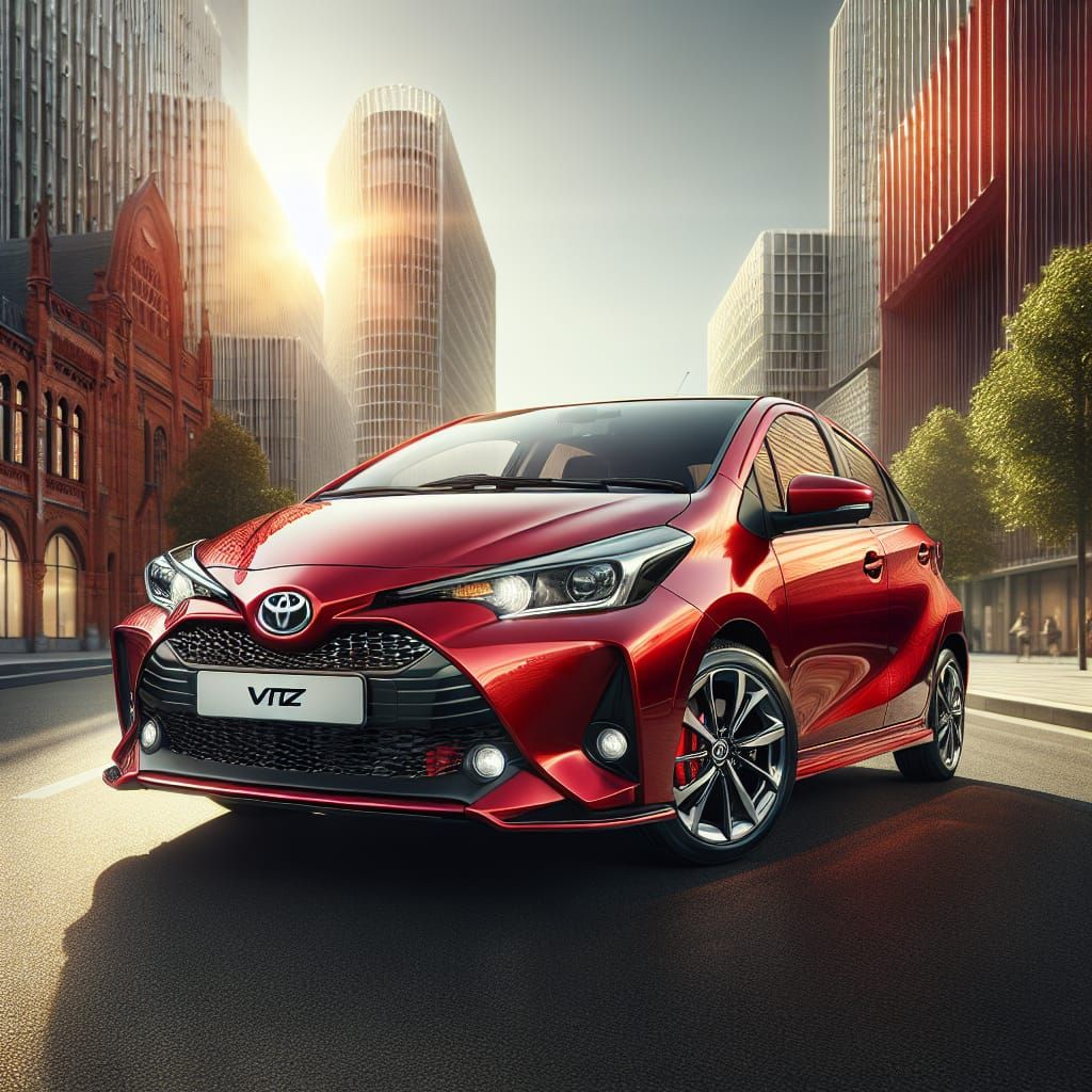 Red Toyota Vitz on a Sunny City Street