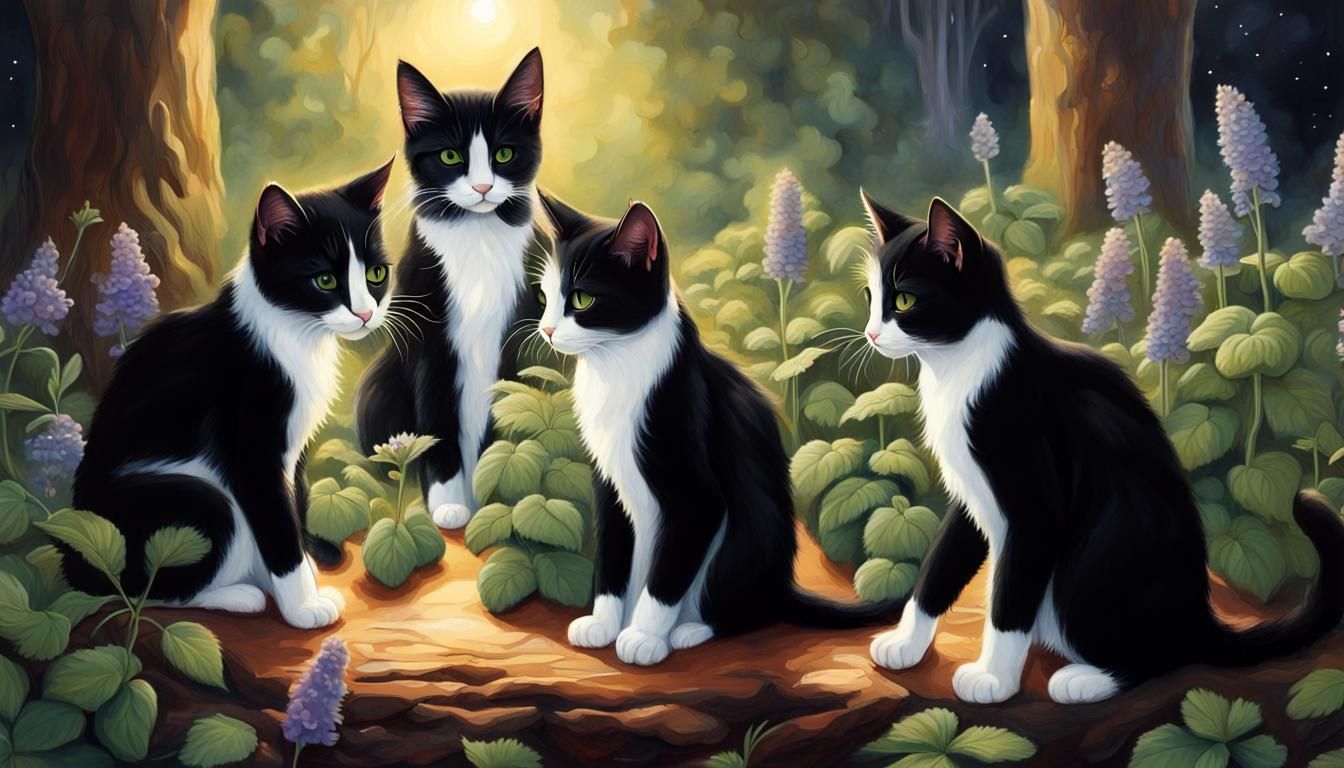 Tuxedo Cats Worshiping Catnip Plant in Forest Grove