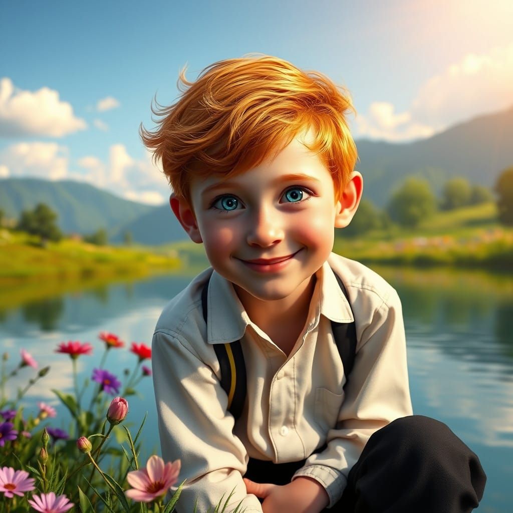 Ginger Haredi Boy on Lake Shore in 3D Concept Art Style