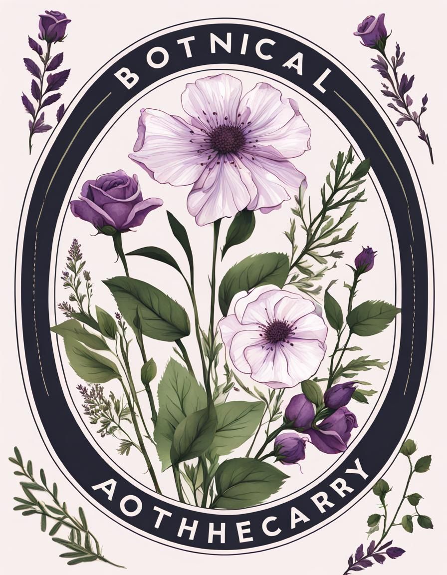 Botanical Apothecary Logo with Purple Flowers and Herbs