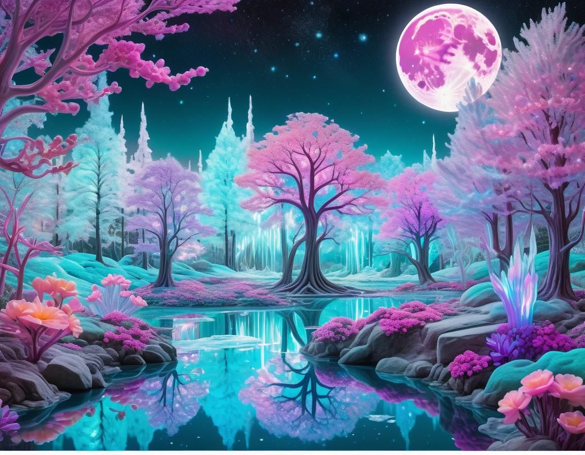 Bioluminescent Ice Garden with Rainbow in Fantasy Artwork