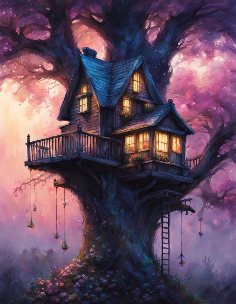 Watercolor Birdhouse with Colorful Bird and Flowers