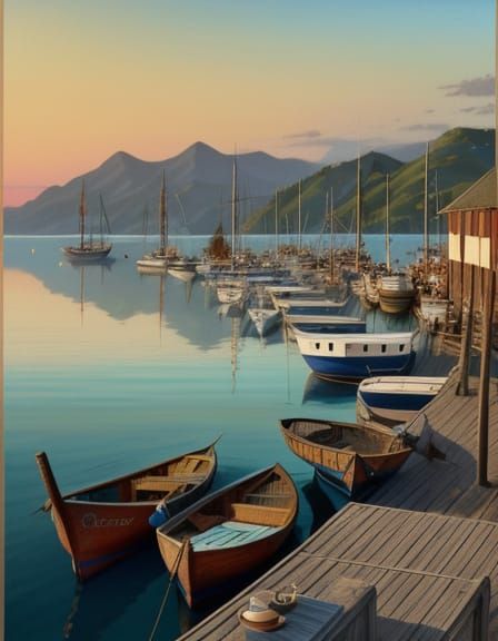 Tranquil Harbor Sunrise with Fishing Boats