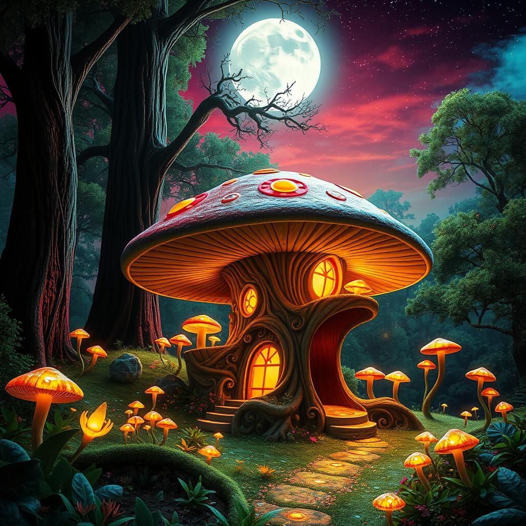 Bioluminescent Mushroom Treehouse in Dreamlike Forest