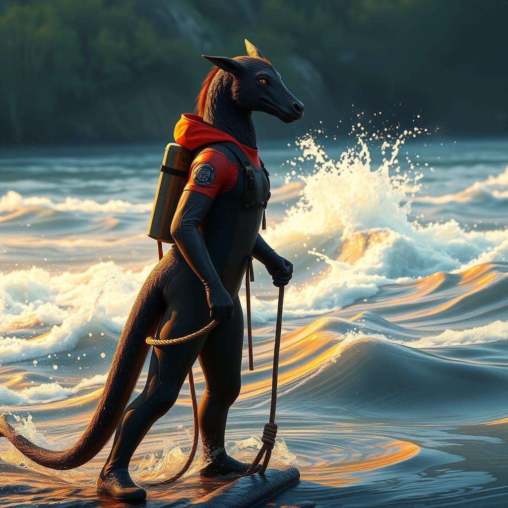 Heroic Kelpie Rescue on the Riverbank in Modern Style
