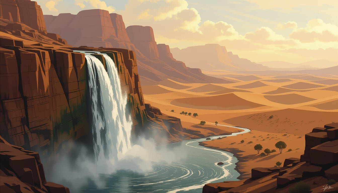 Waterfall in Sahara Desert: Dystopian Landscape