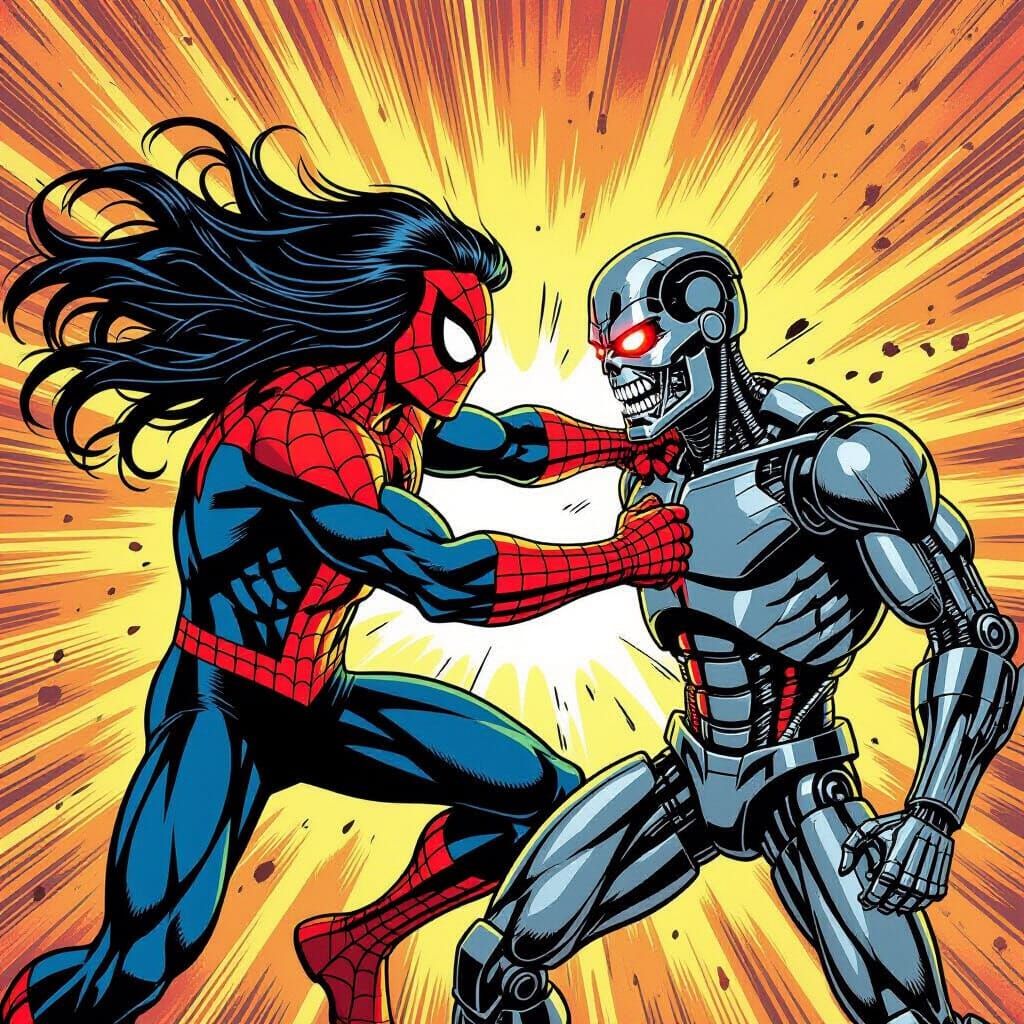 Spiderman vs Terminator Retro Comic Art