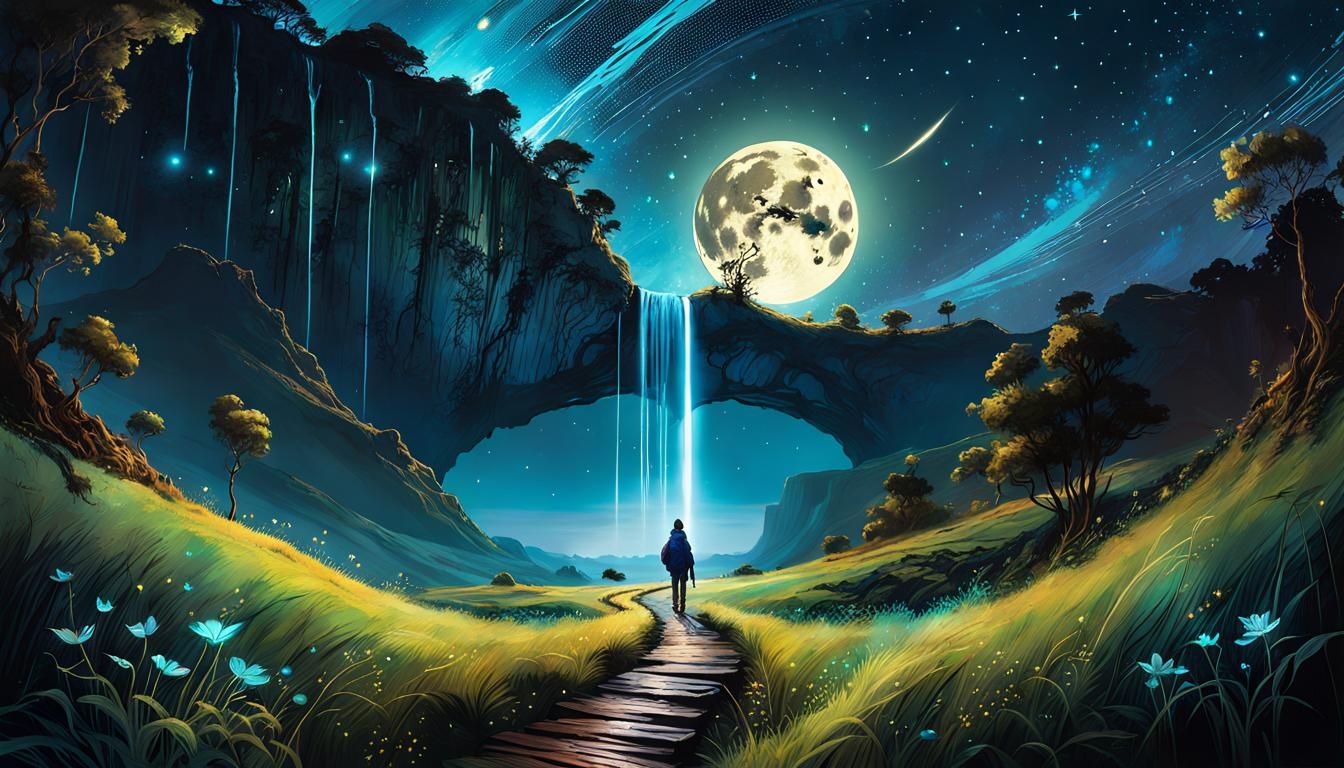 Bioluminescent Waterfall Under Cosmic Starry Night