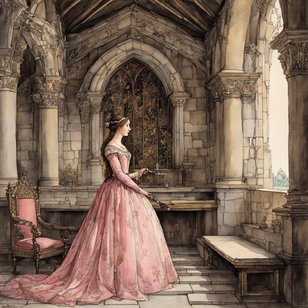 Medieval Maiden in Castle Interior, Watercolor and Ink