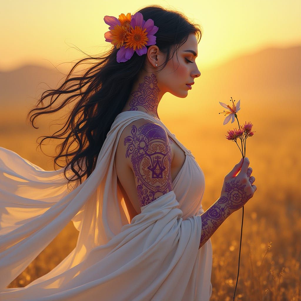 Mystical Woman with Tribal Tattoos in Golden Savannah