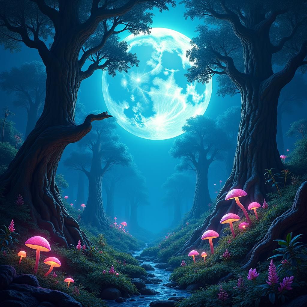 Mystical Forest Under Giant Moon in Dreamlike Style