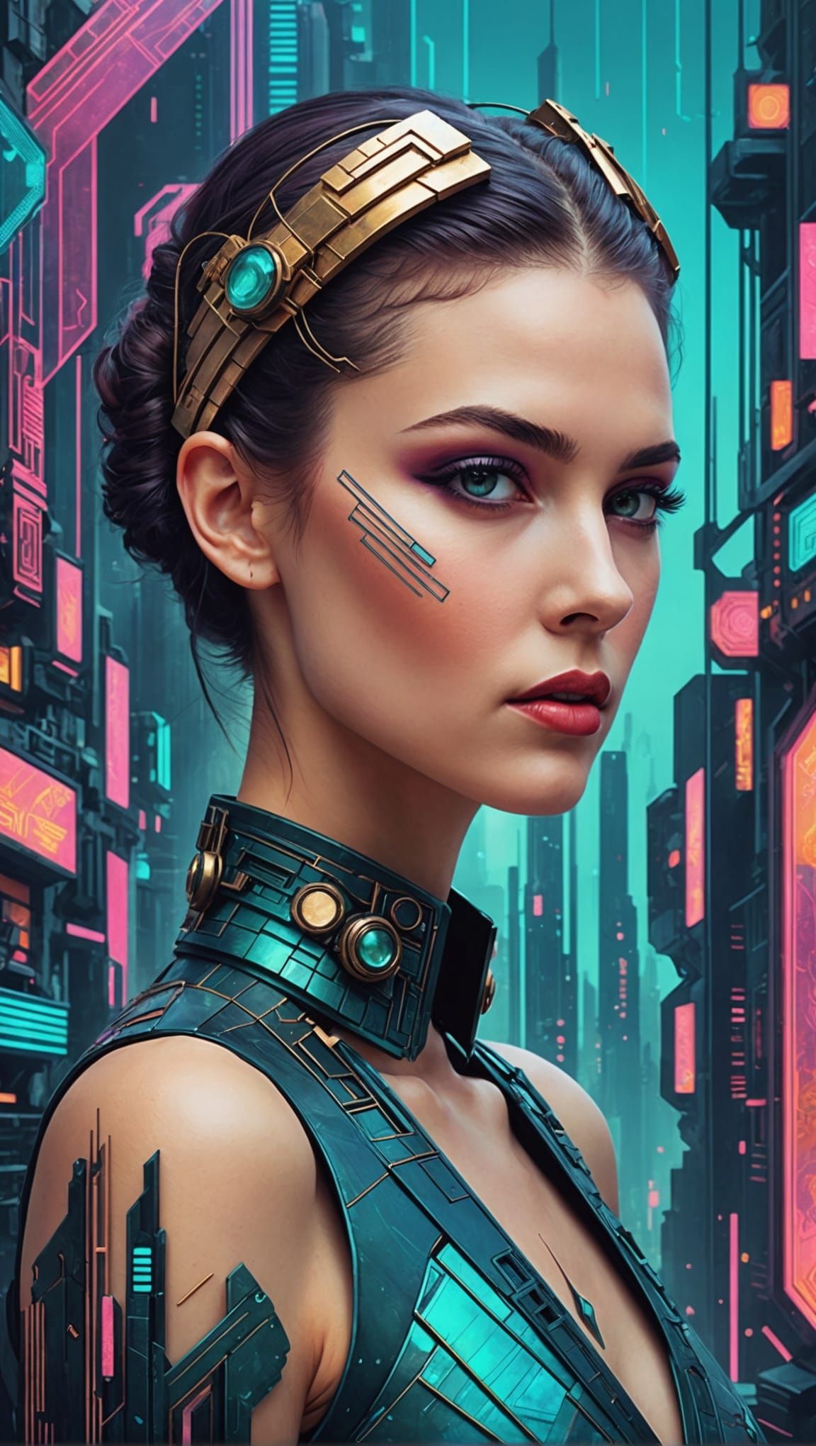 Cyberpunk Art Deco Digital Collage of Woman