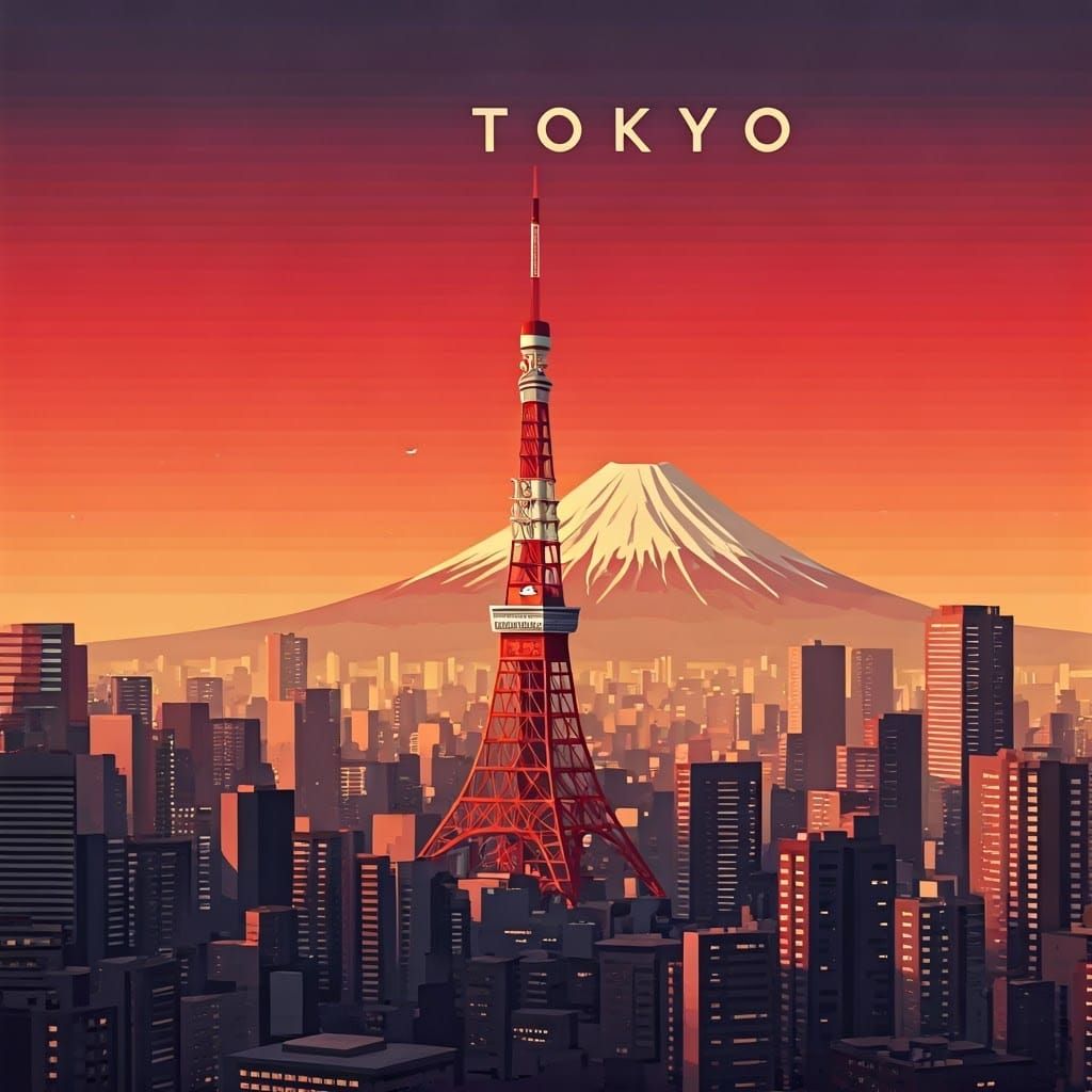 Retro Tokyo Travel Poster with Sunset