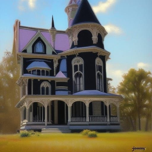 Pastel Gothic Victorian Home in Oil Painting Style