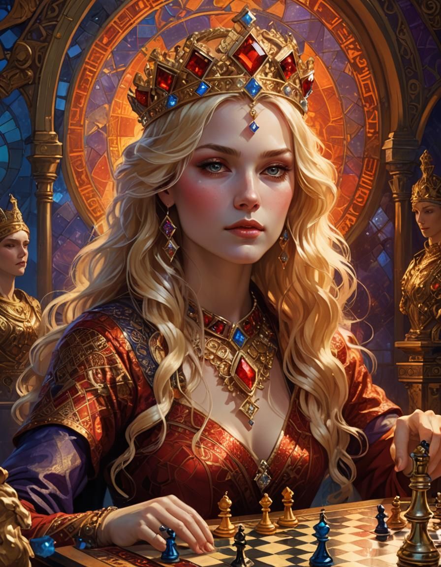 Blonde Queen Plays Chess, Art Deco Style