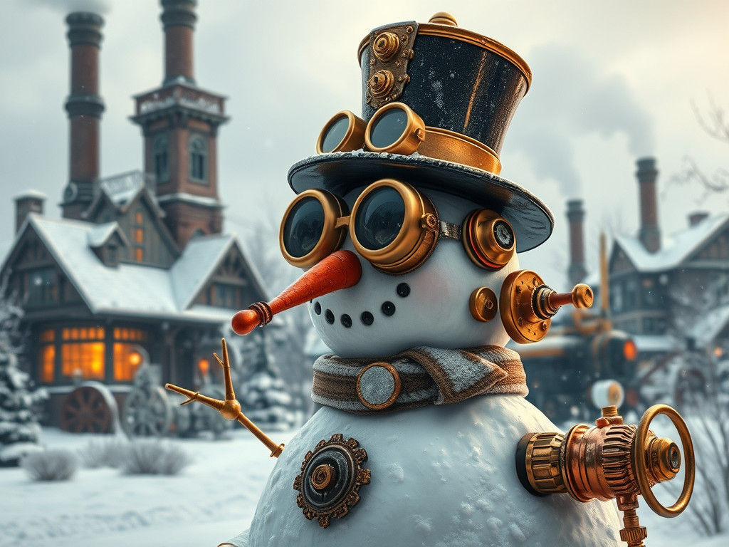 A magical steampunk winter landscape featuring an intricatel...