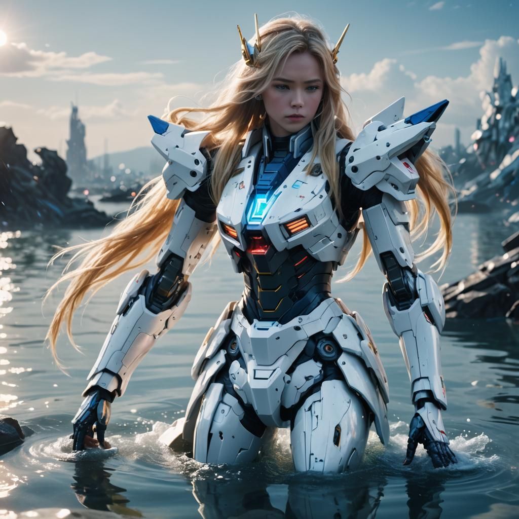 Woman and Gundam Mech in Impressionist Cinematic Style