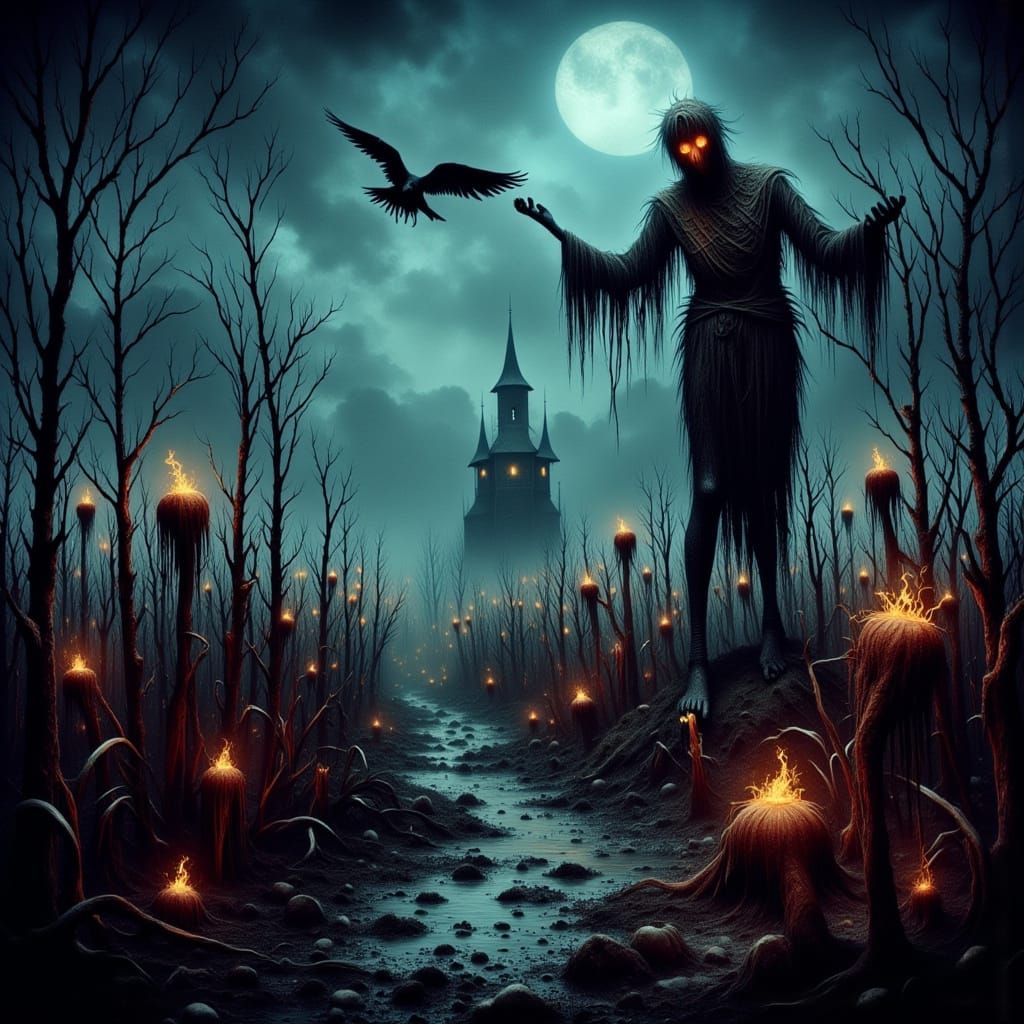 Spooky Night with Scarecrows and Crows