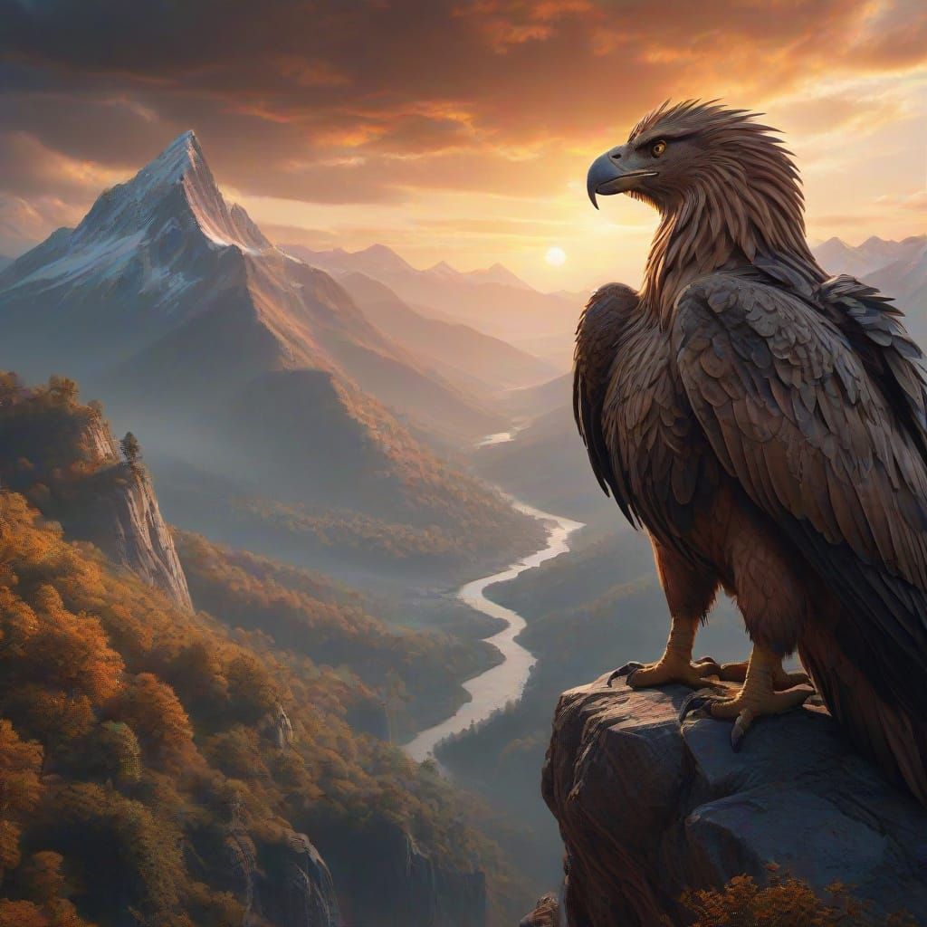 Epic Griffin Perched on Mountain Peak in a Dramatic Digital ...