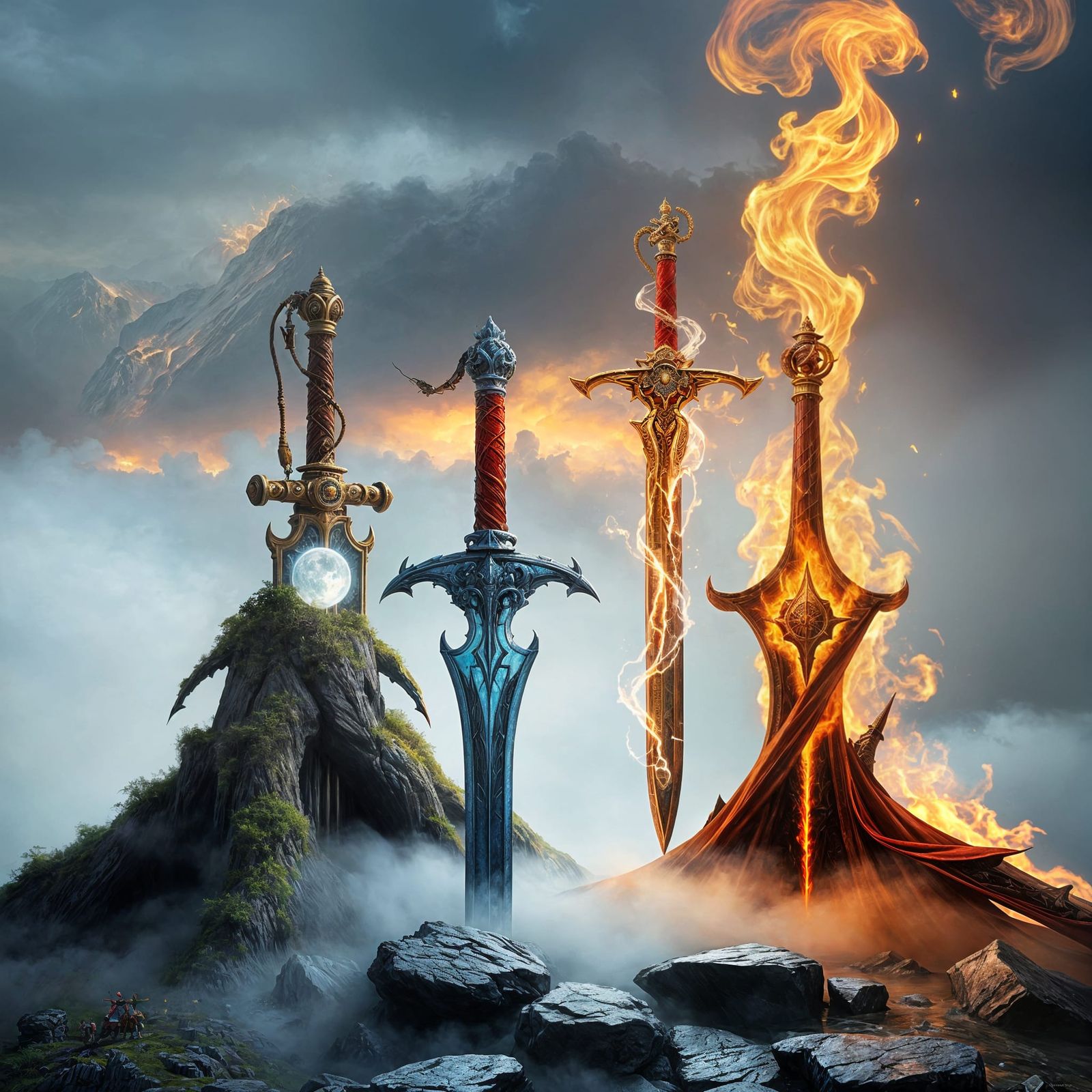 Ethereal Swords of the Elements in Whimsical Fantasy Landsca...