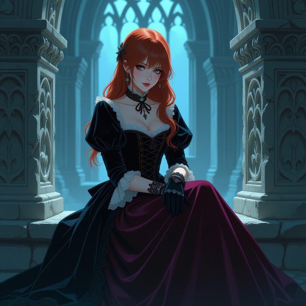 Gothic Woman in Victorian Dress, Anime Style