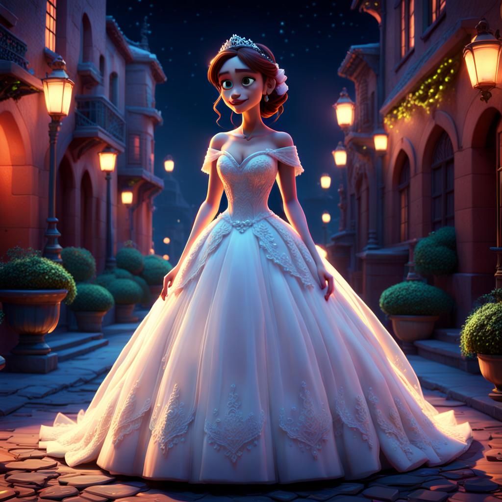 Bride in Wedding Dress at Night: Pixar-Style 3D Art