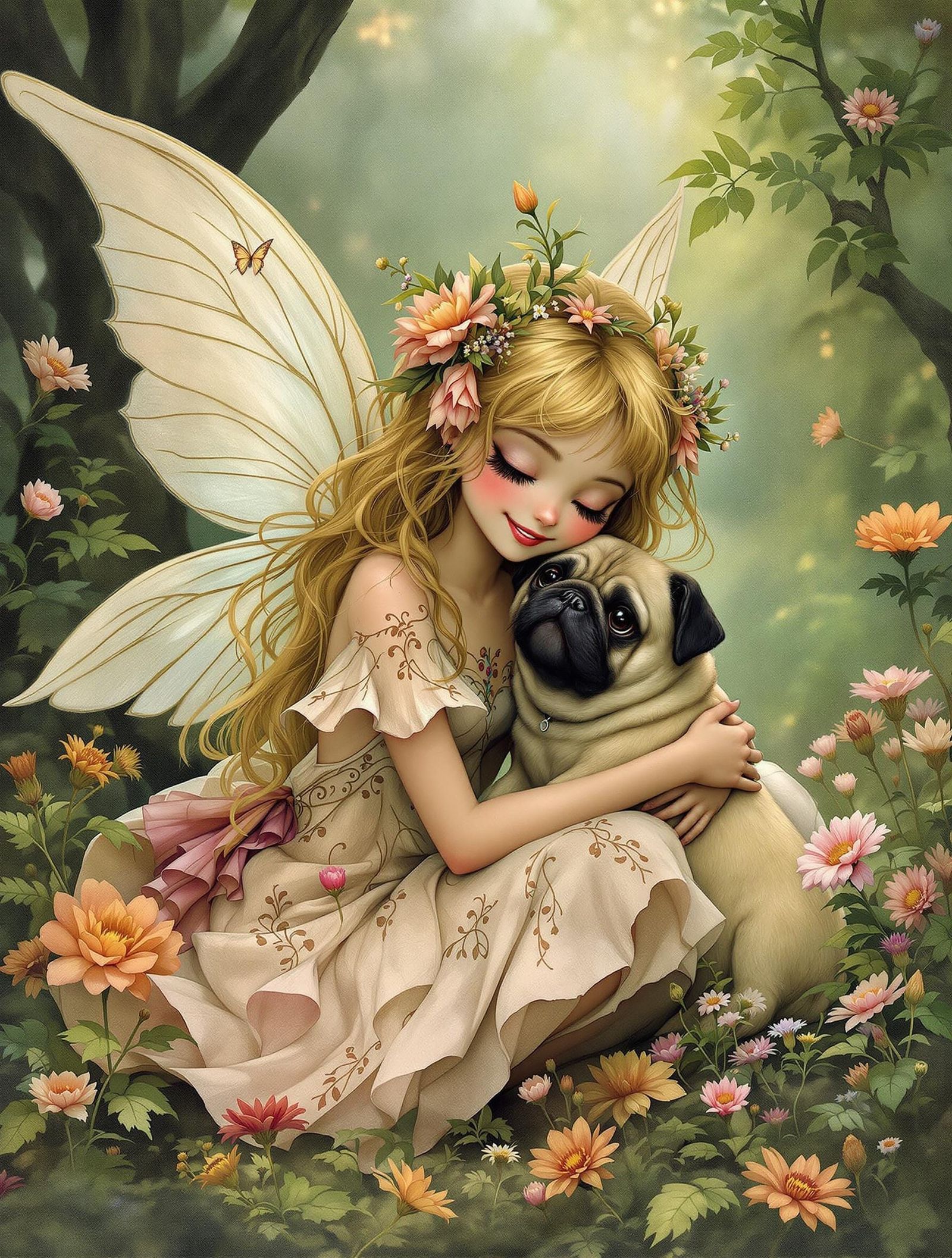 Whimsical Garden Fairy Girl with Delicate Wings and Pug