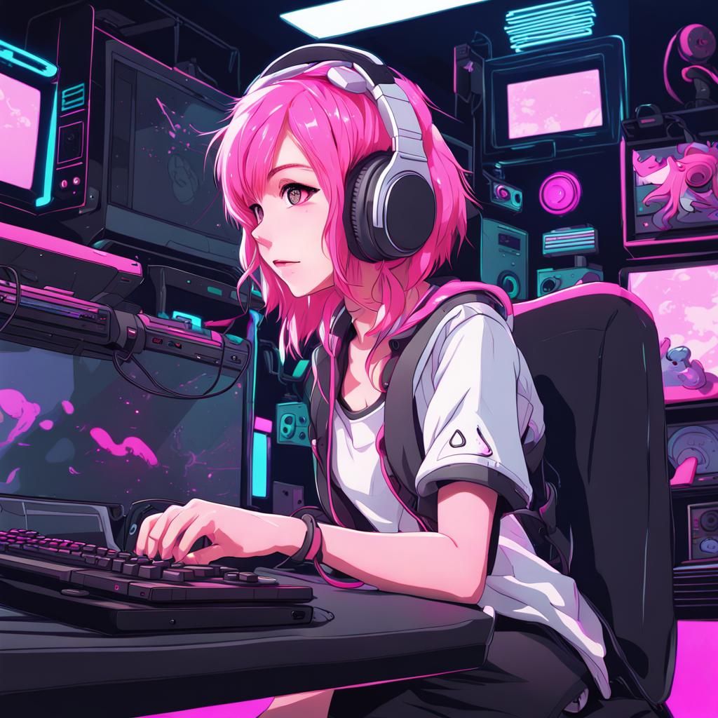 Pink-Haired Gamer Girl in Anime Style Neon Room