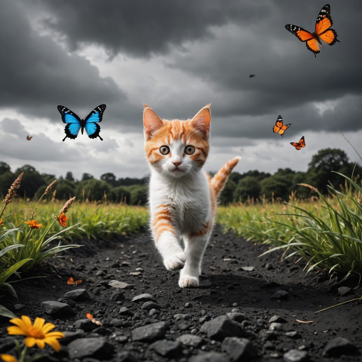 Kitten and Butterfly in Bleak Landscape