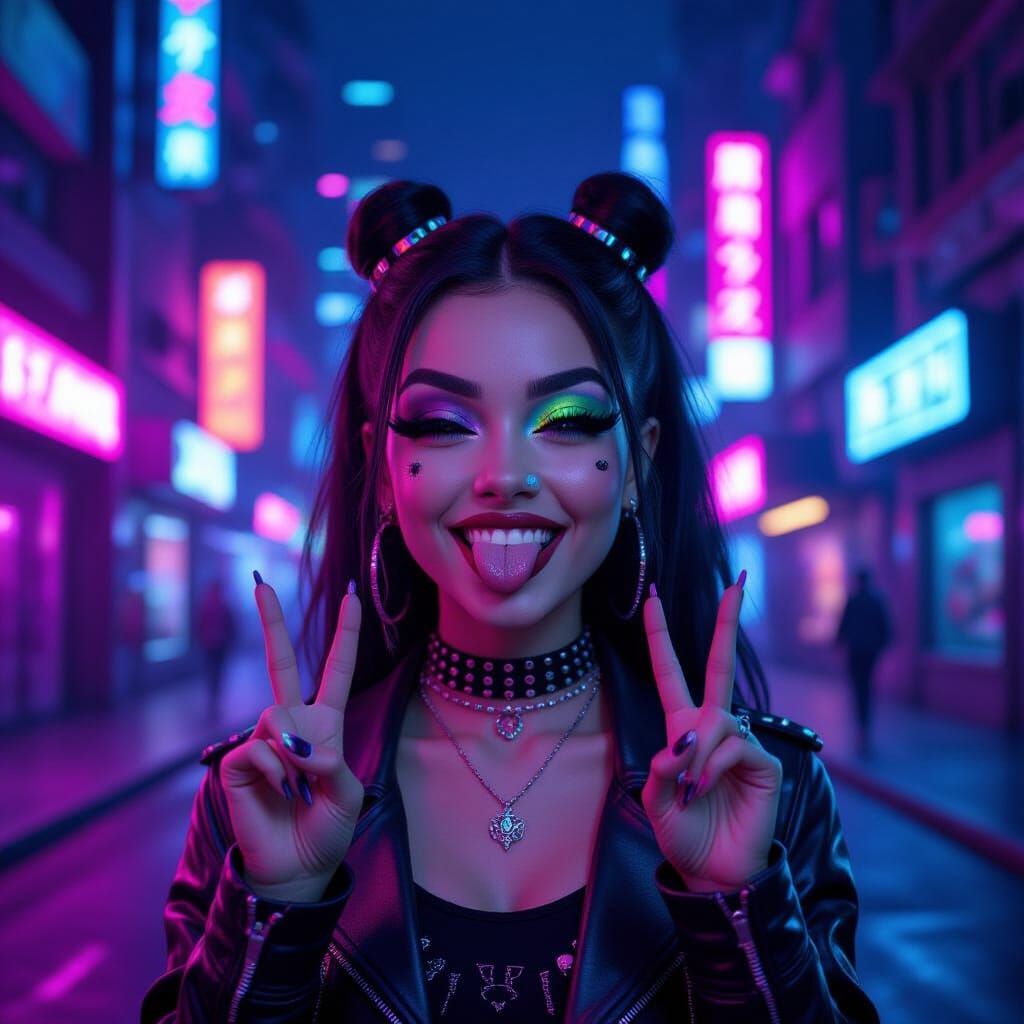 Cheeky Emo Girl Winks in Neon Cyberpunk City